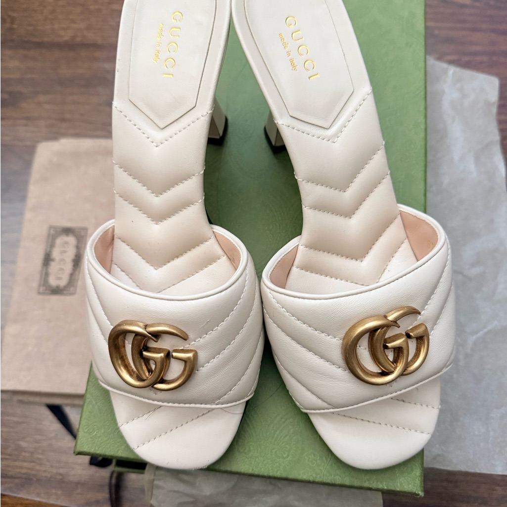 Gucci Cream Quilted Leather Heeled Slide Sandals With Gold Double G